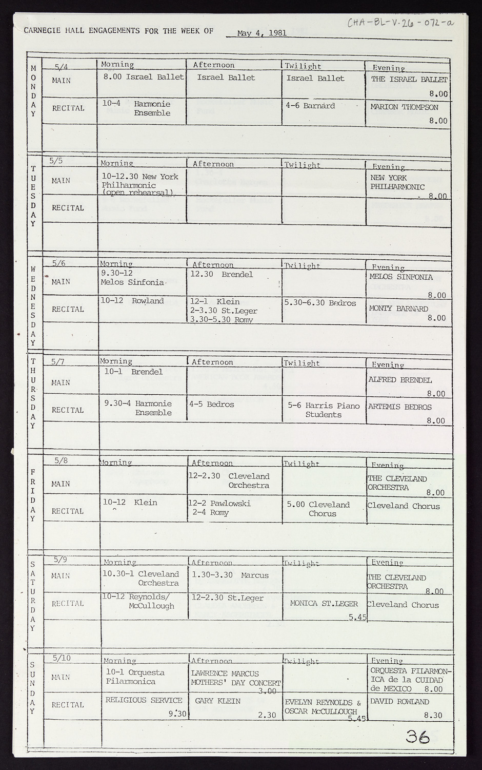 Carnegie Hall Booking Ledger, volume 26, page 72a
