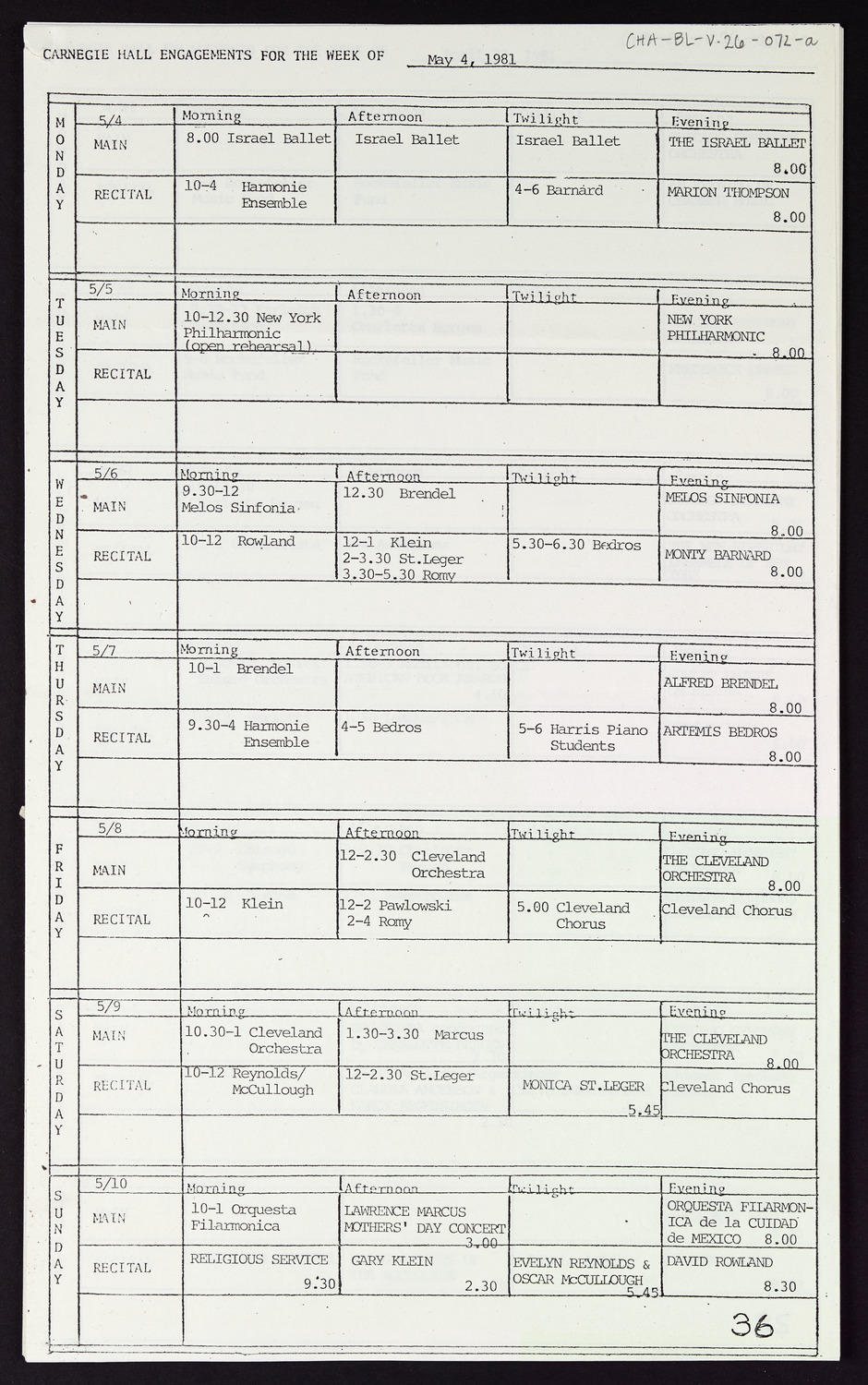 Carnegie Hall Booking Ledger, volume 26, page 72a