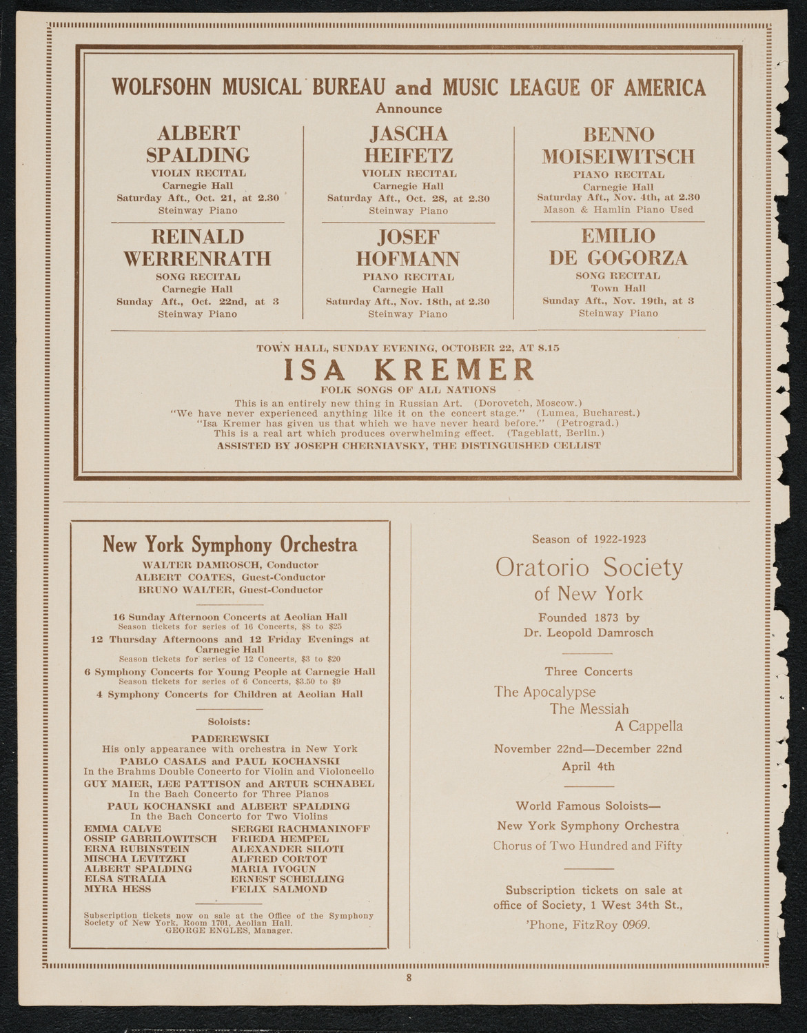 Beniamino Gigli, Tenor, October 8, 1922, program page 8