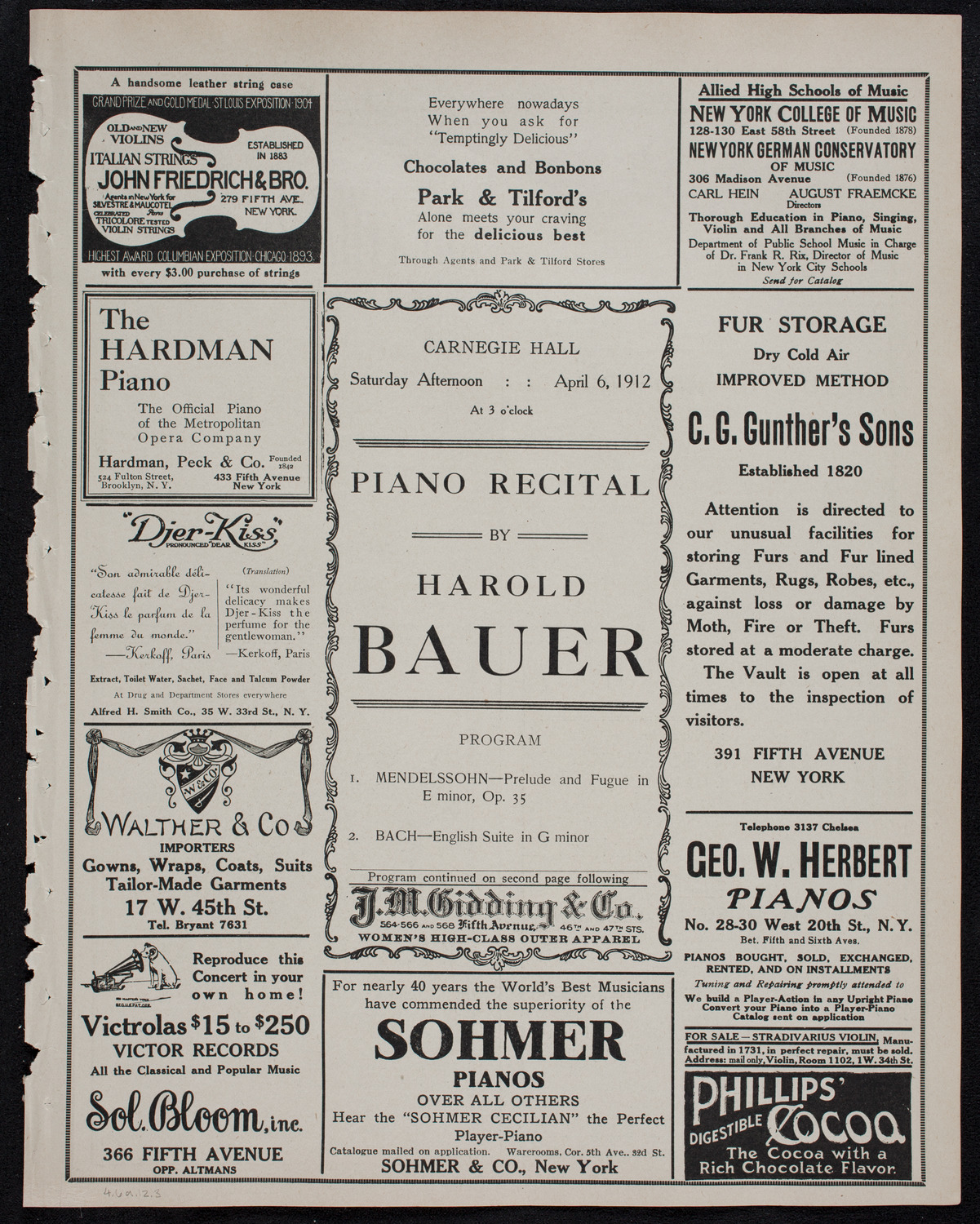 Harold Bauer, Piano, April 6, 1912, program page 5