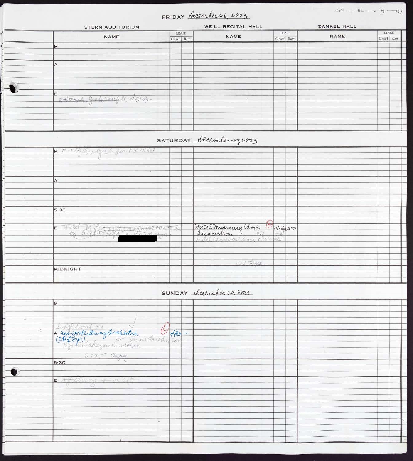 Carnegie Hall Booking Ledger, volume 49, page 37