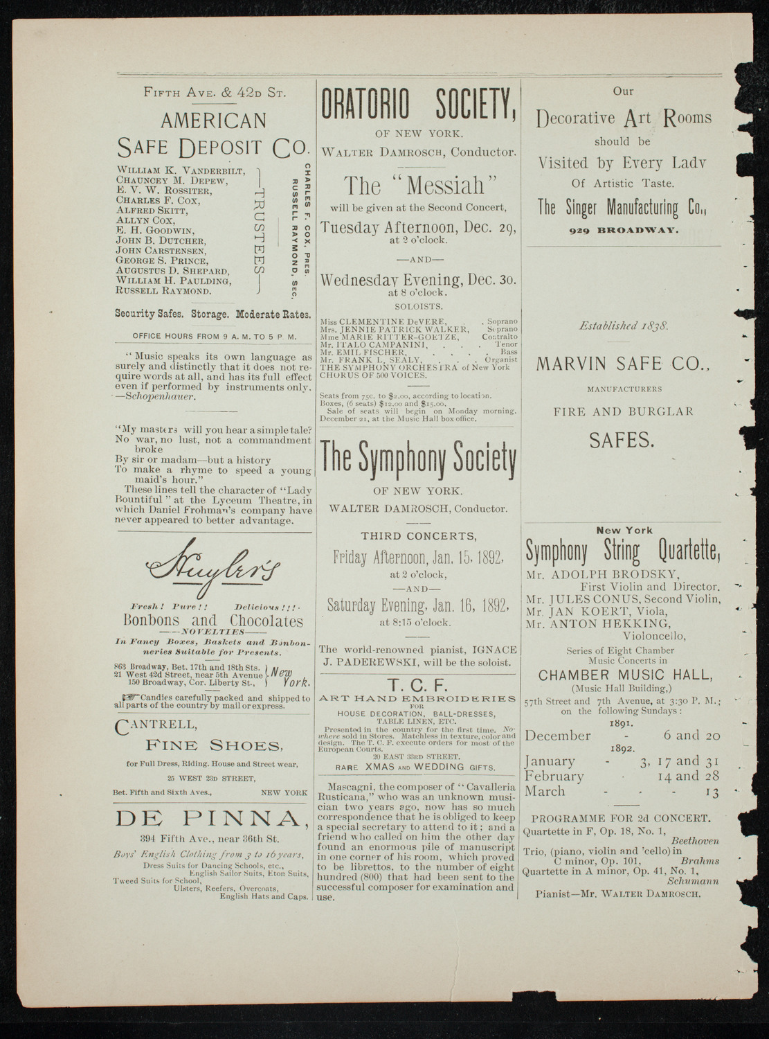 Damrosch Sunday Concert, December 13, 1891, program page 4