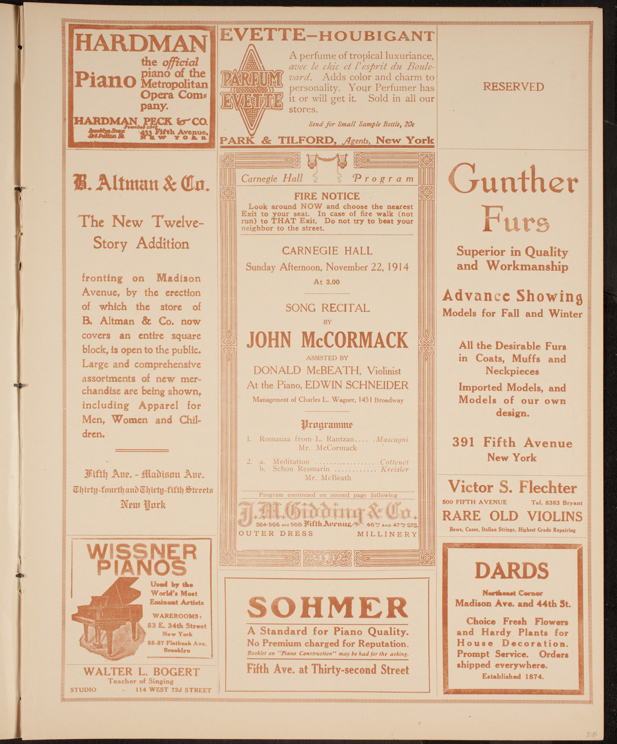 John McCormack, Tenor, November 22, 1914, program page 5