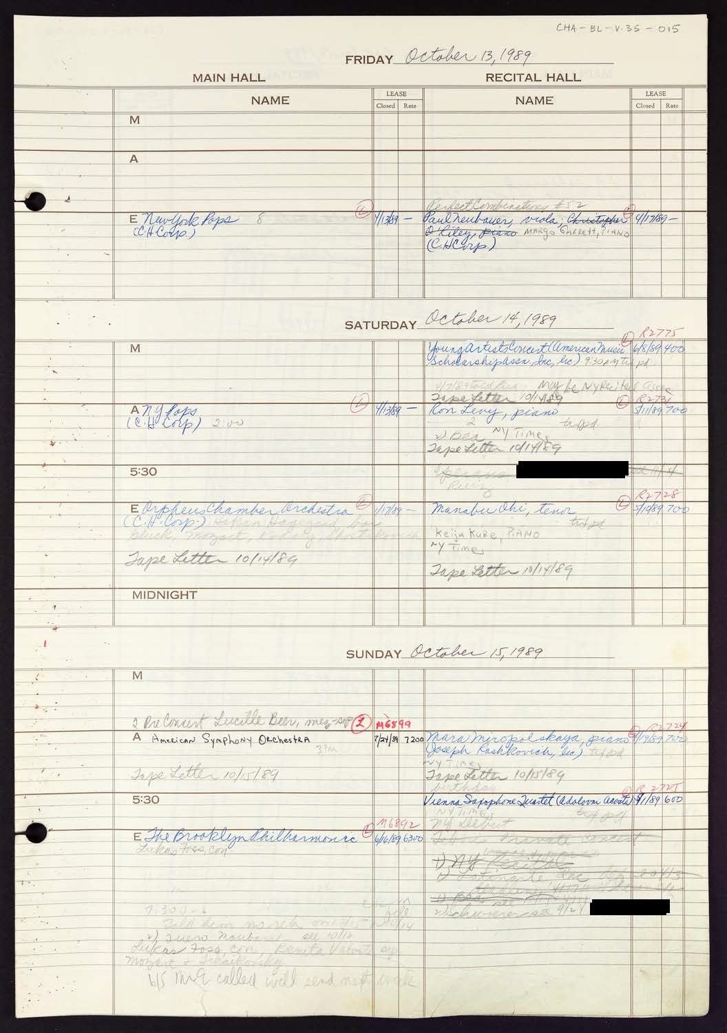 Carnegie Hall Booking Ledger, volume 35, page 15