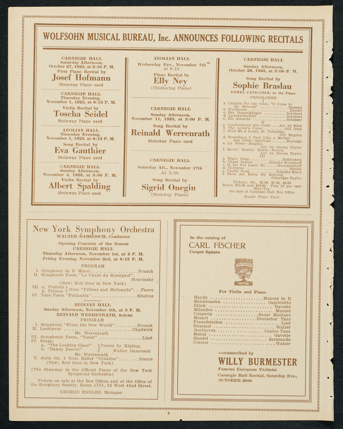 Claudio Arrau, Piano, October 20, 1923, program page 8