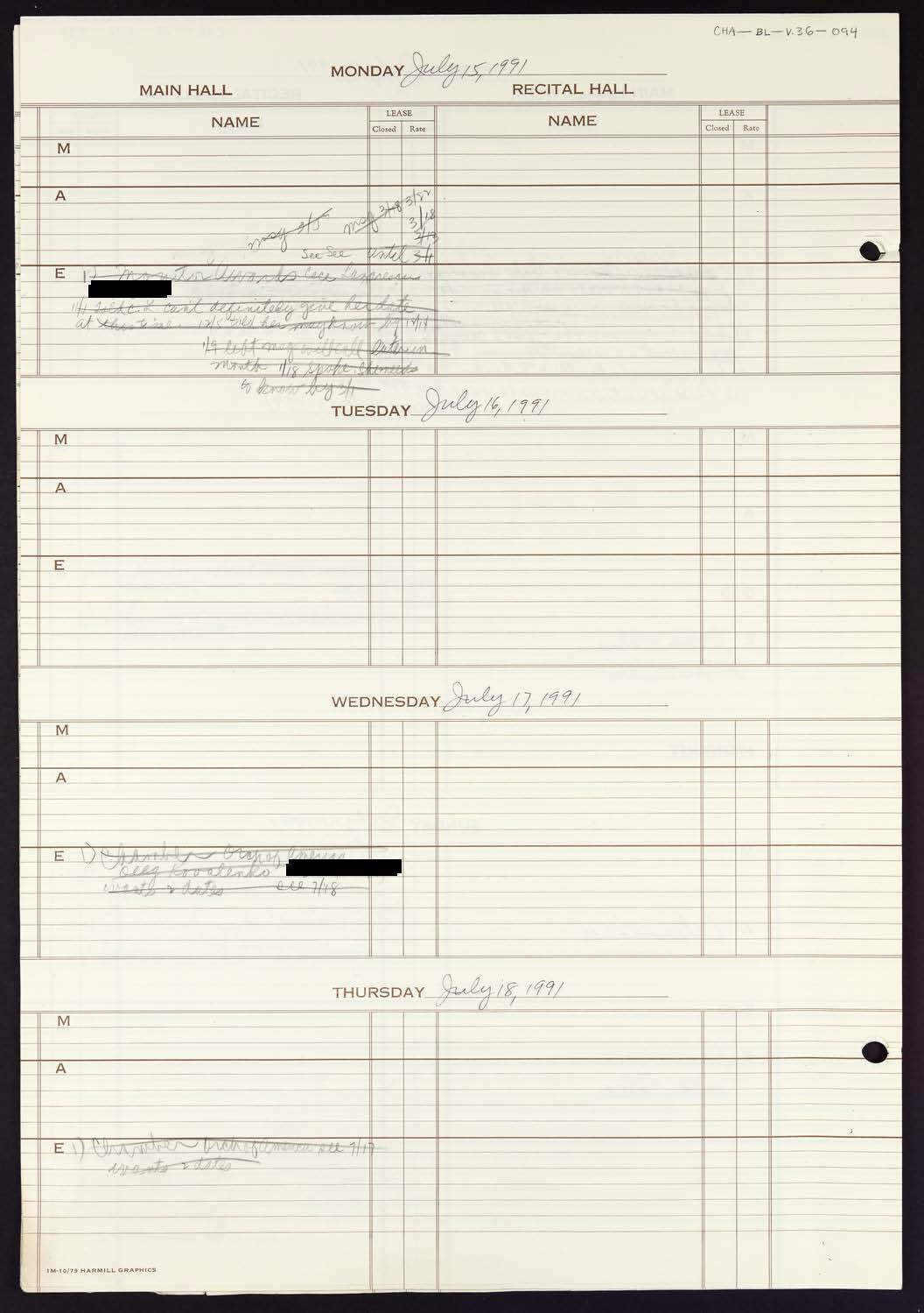 Carnegie Hall Booking Ledger, volume 36, page 94