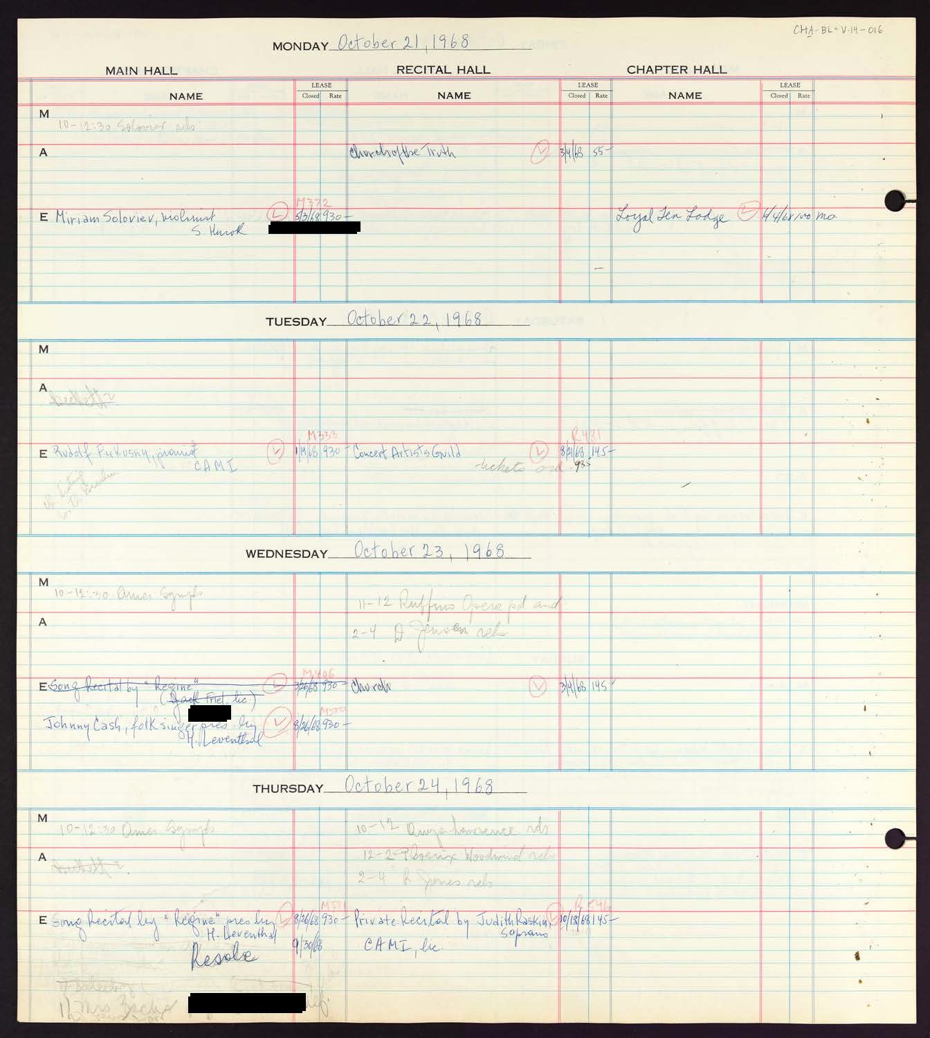 Carnegie Hall Booking Ledger, volume 14, page 16