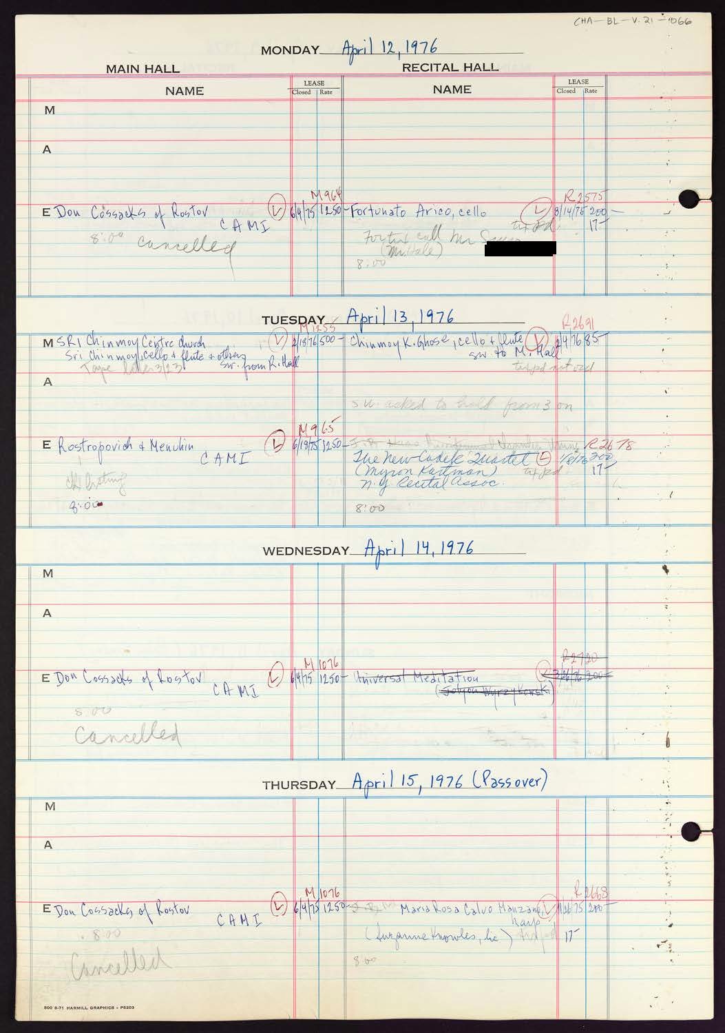 Carnegie Hall Booking Ledger, volume 21, page 66