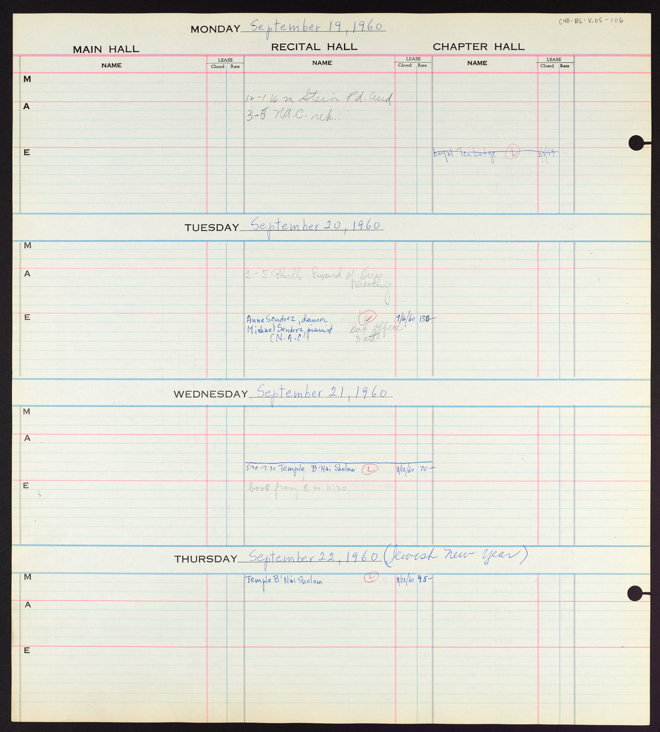 Carnegie Hall Booking Ledger, volume 5, page 106