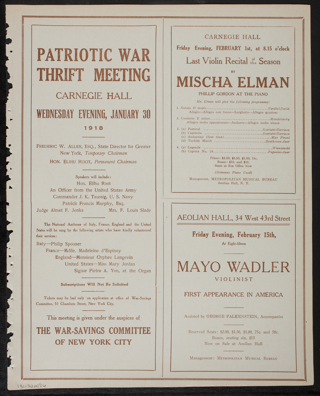 Jascha Heifetz, Violin, January 30, 1918, program page 11