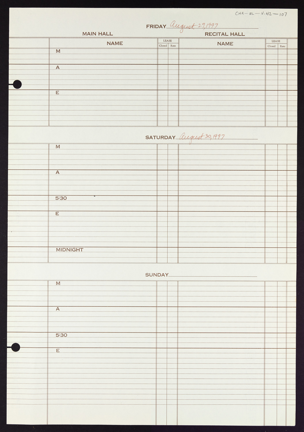 Carnegie Hall Booking Ledger, volume 42, page 107