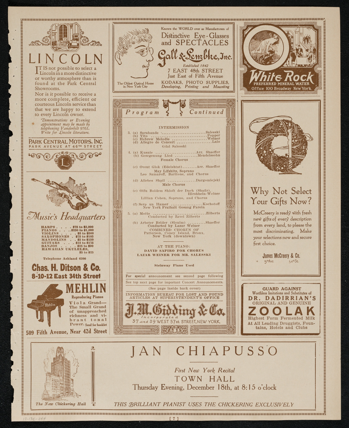 New York Fraihait Gesang Farein and Patterson Fraihait Gesang Farein, December 13, 1924, program page 7