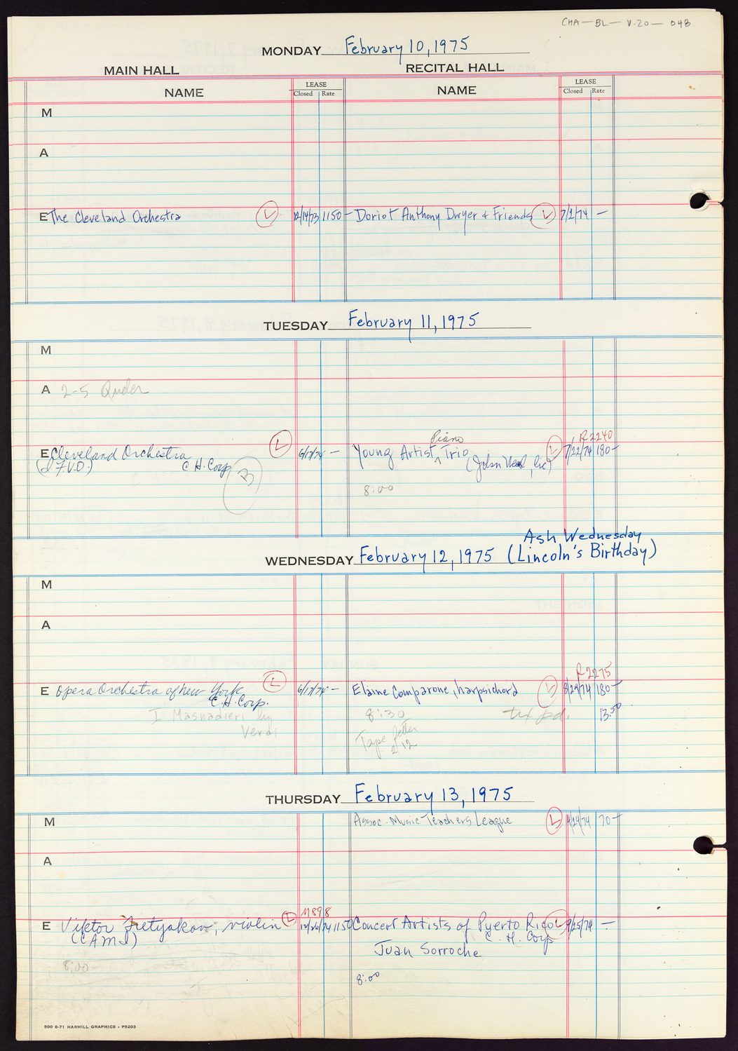 Carnegie Hall Booking Ledger, volume 20, page 48