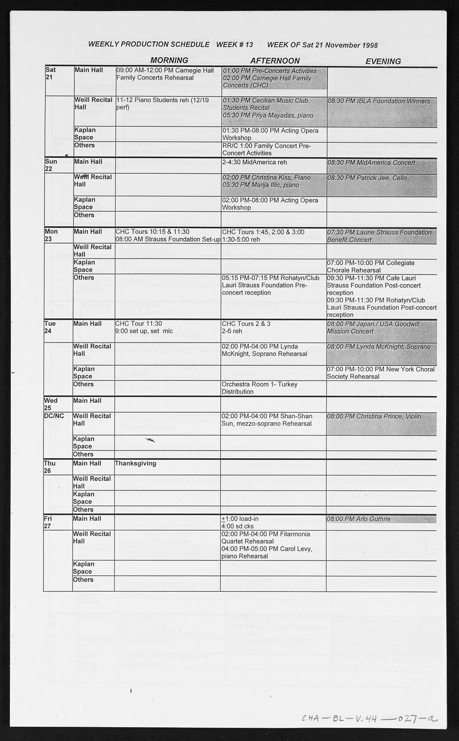 Carnegie Hall Booking Ledger, volume 44, page 27a