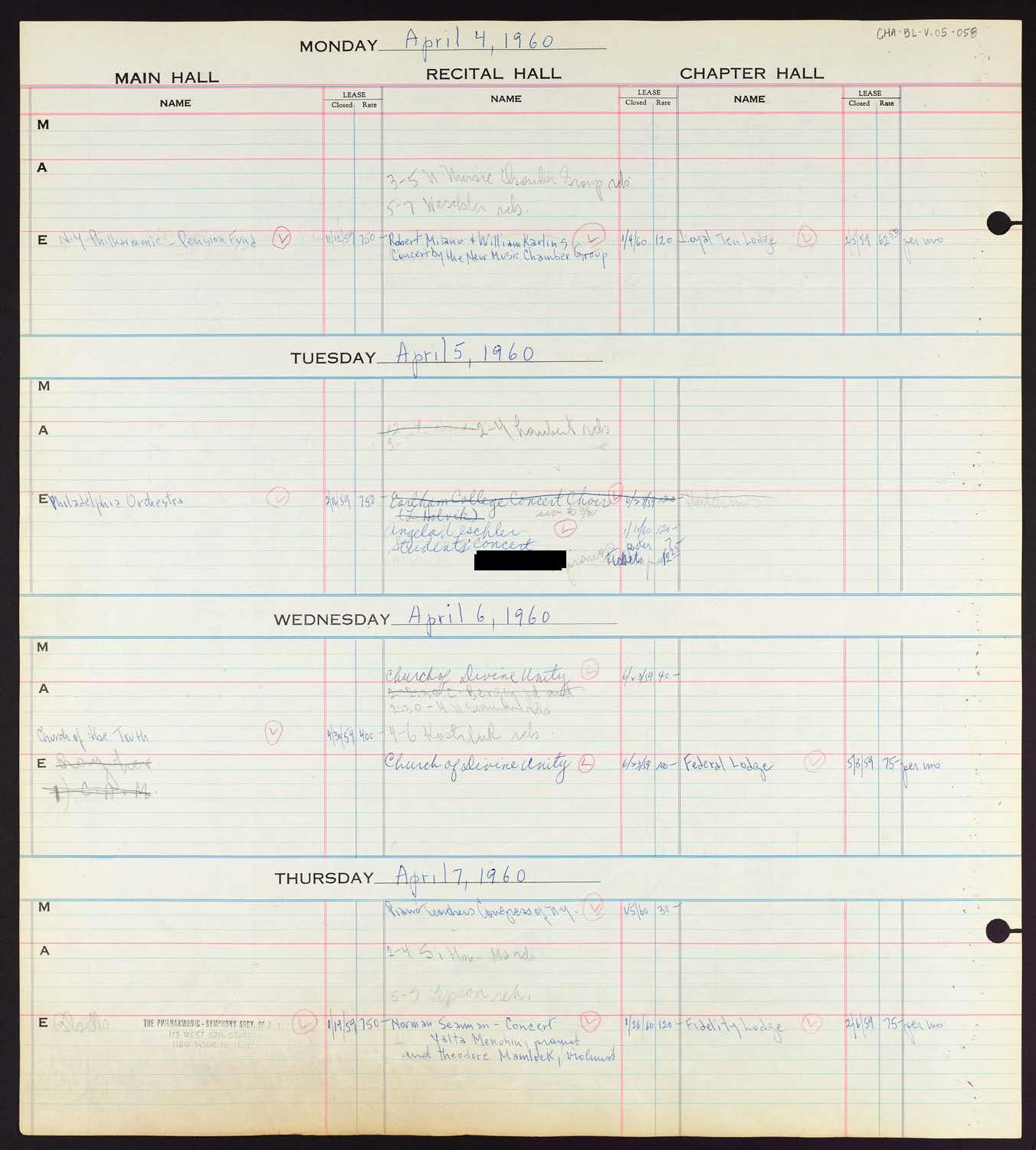 Carnegie Hall Booking Ledger, volume 5, page 58