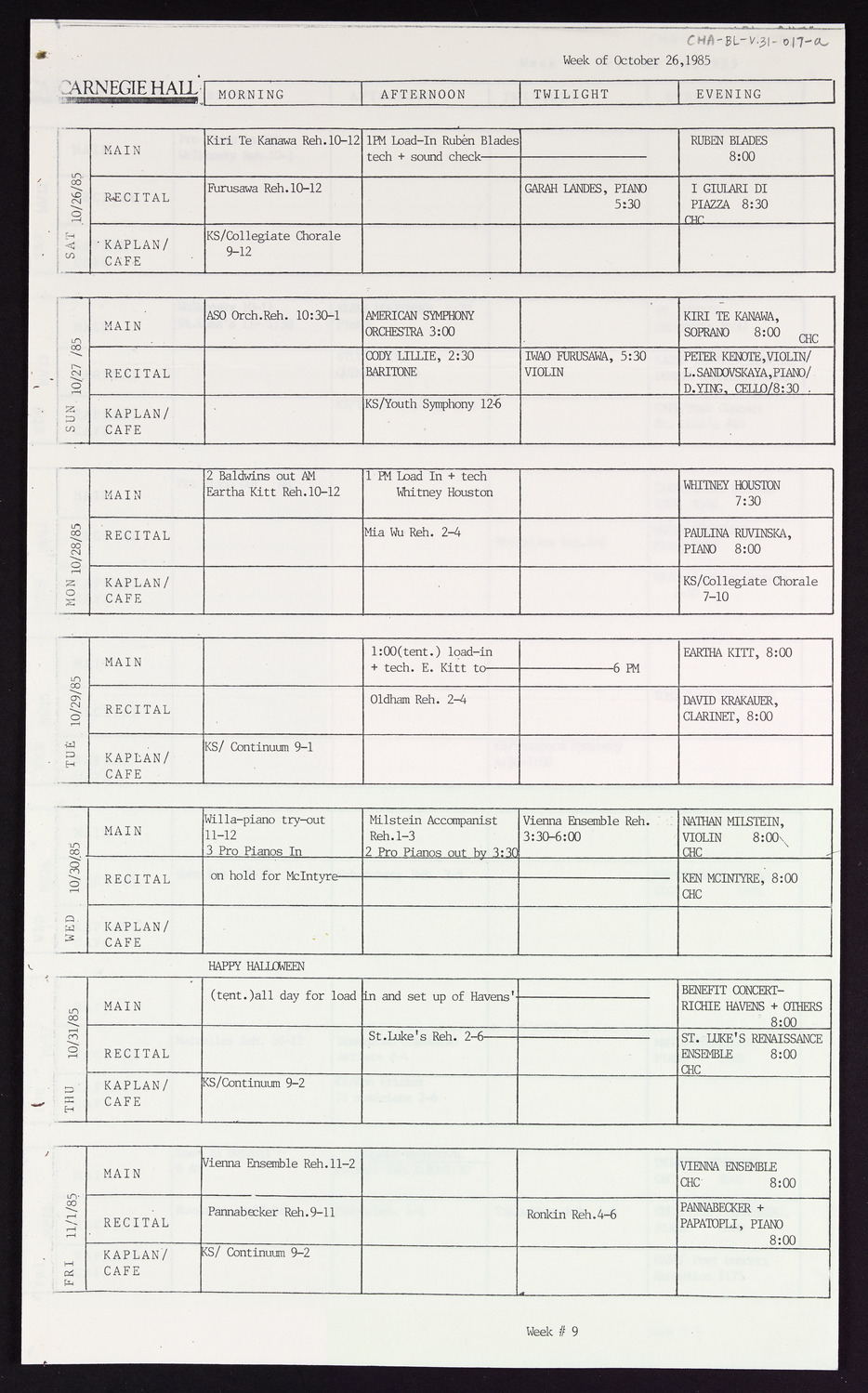 Carnegie Hall Booking Ledger, volume 31, page 17a