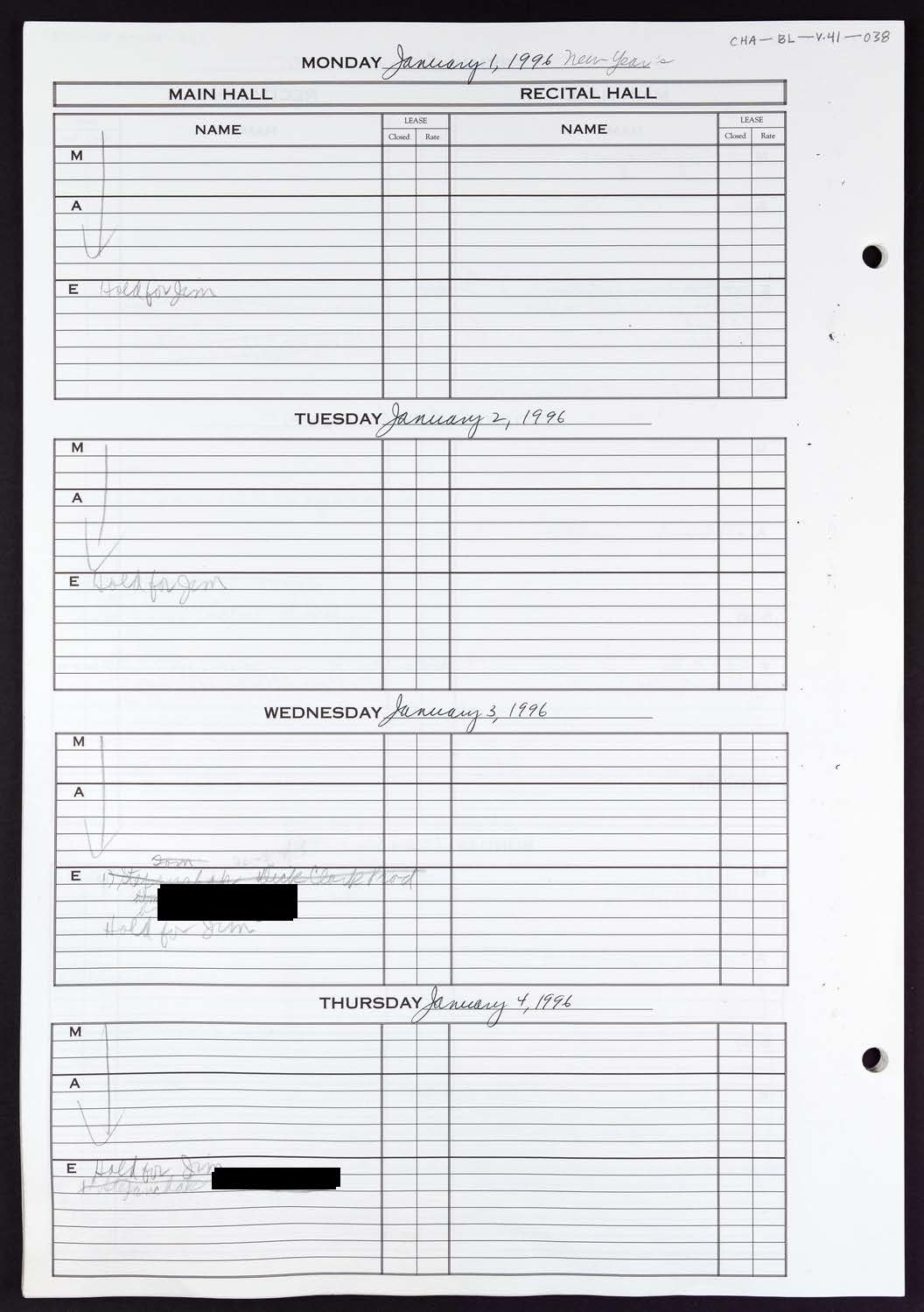 Carnegie Hall Booking Ledger, volume 41, page 38