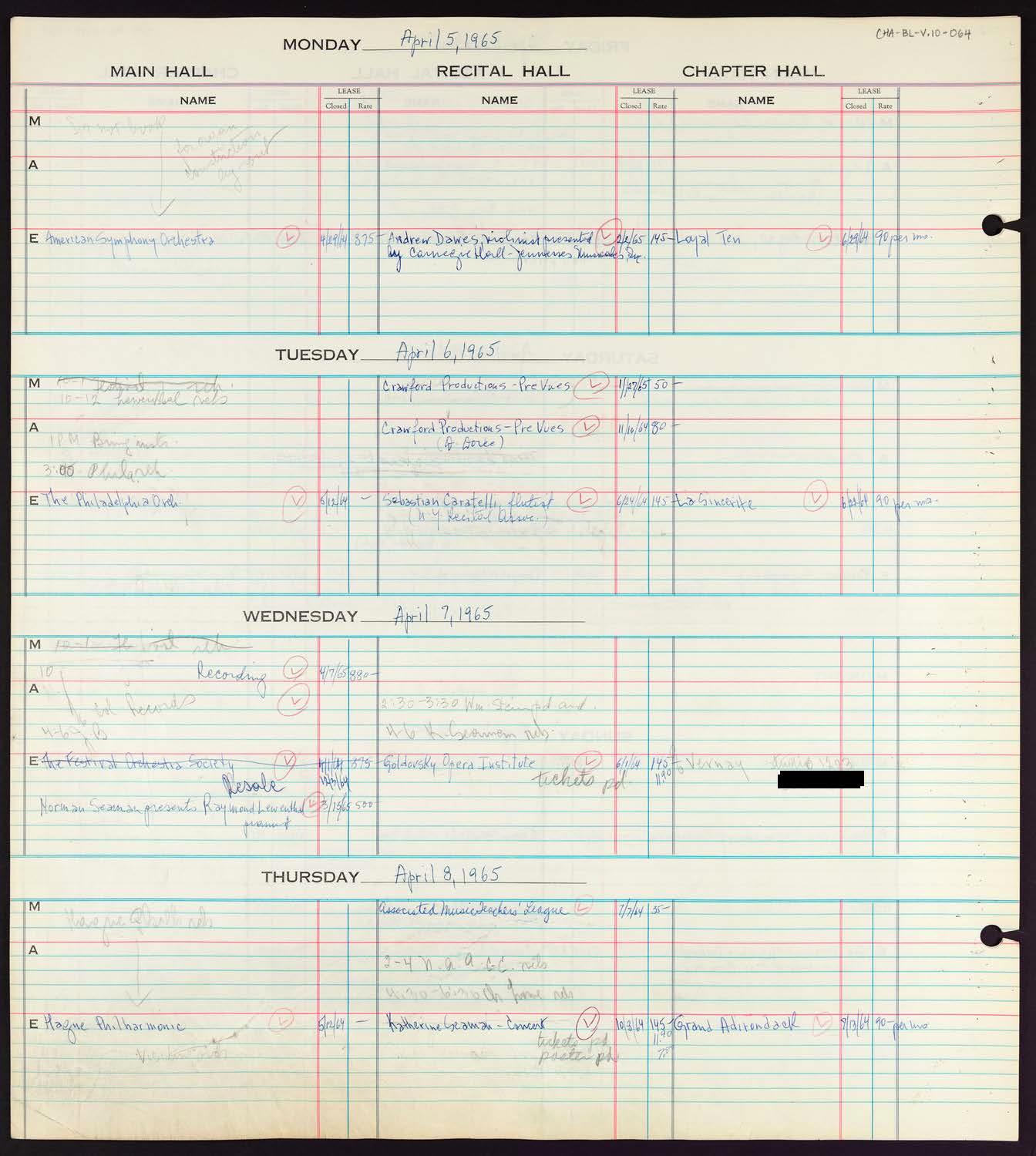 Carnegie Hall Booking Ledger, volume 10, page 64