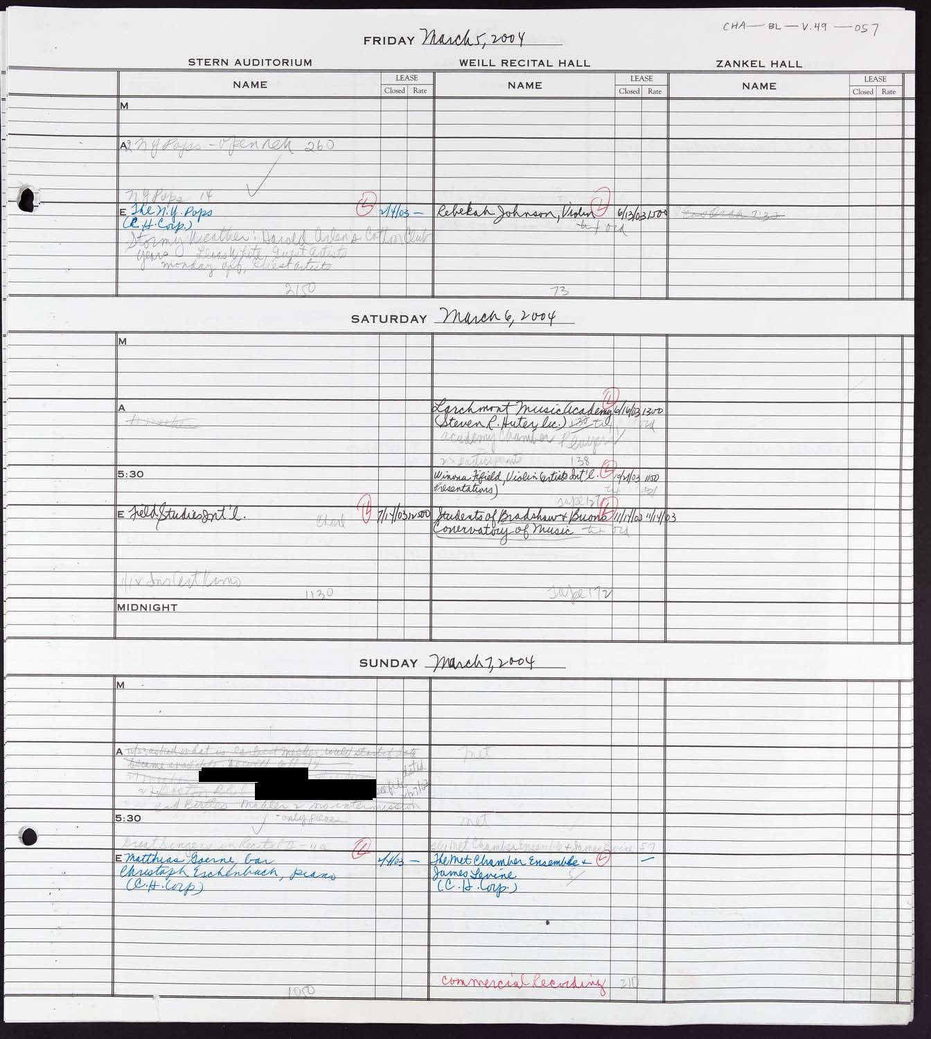 Carnegie Hall Booking Ledger, volume 49, page 57