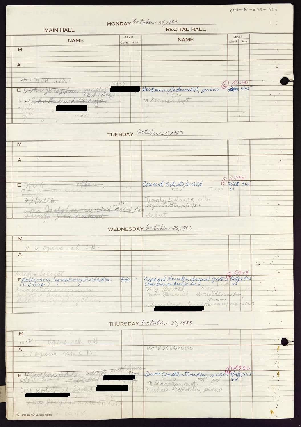 Carnegie Hall Booking Ledger, volume 29, page 20