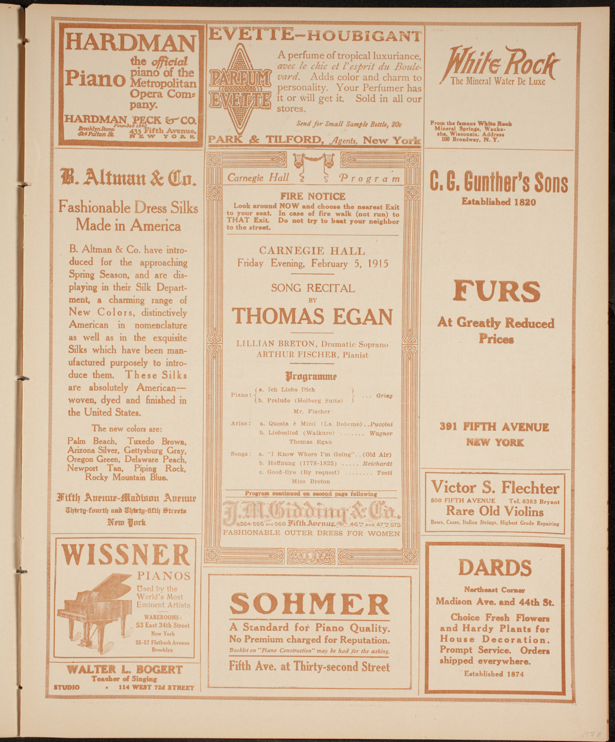 Thomas Egan, Tenor, February 5, 1915, program page 5