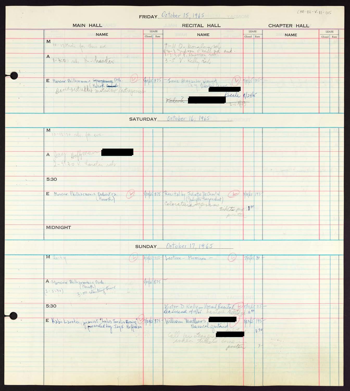 Carnegie Hall Booking Ledger, volume 11, page 15