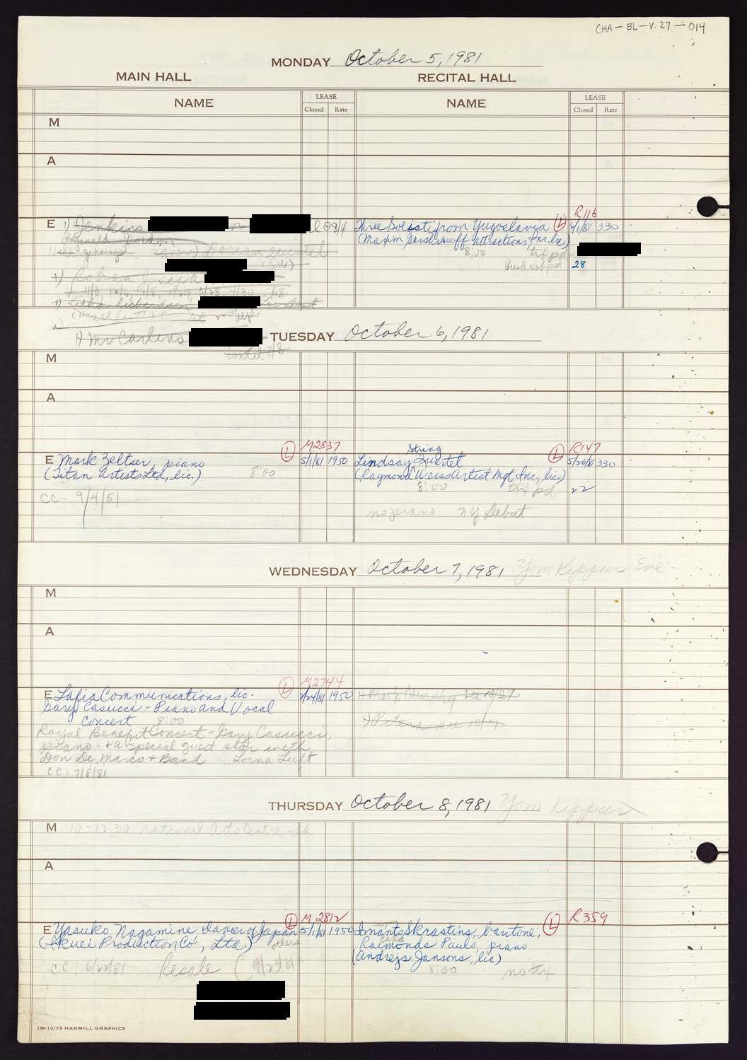 Carnegie Hall Booking Ledger, volume 27, page 14