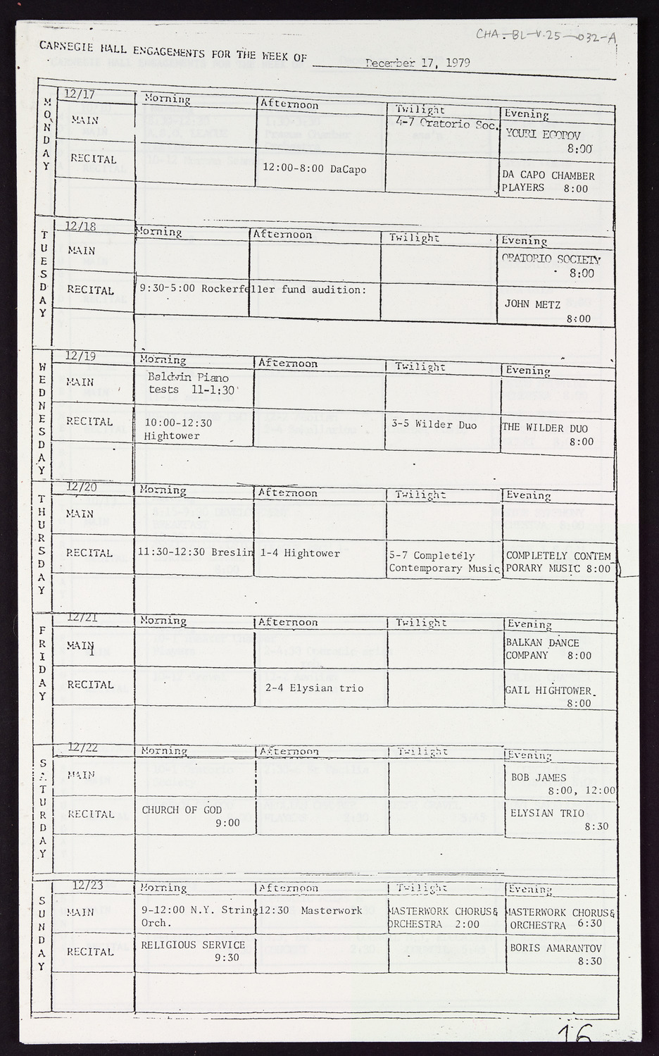 Carnegie Hall Booking Ledger, volume 25, page 32a