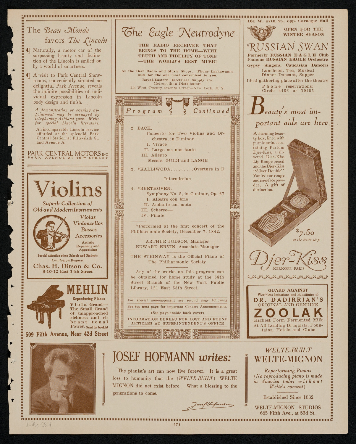 New York Philharmonic, November 14, 1925, program page 7