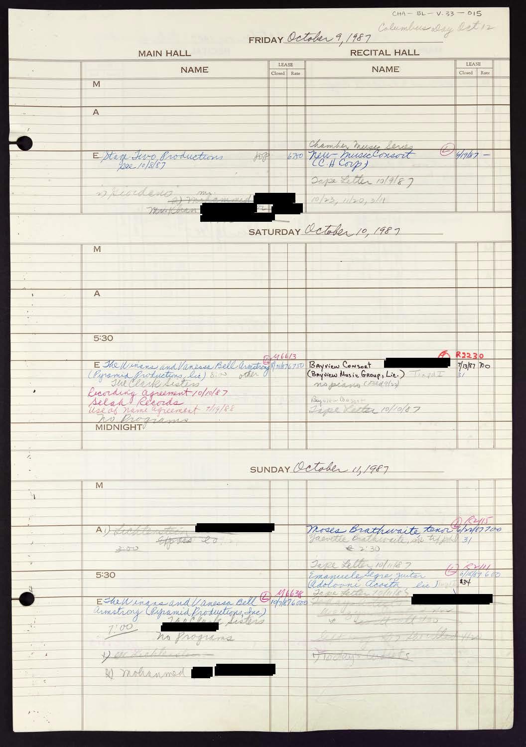 Carnegie Hall Booking Ledger, volume 33, page 15