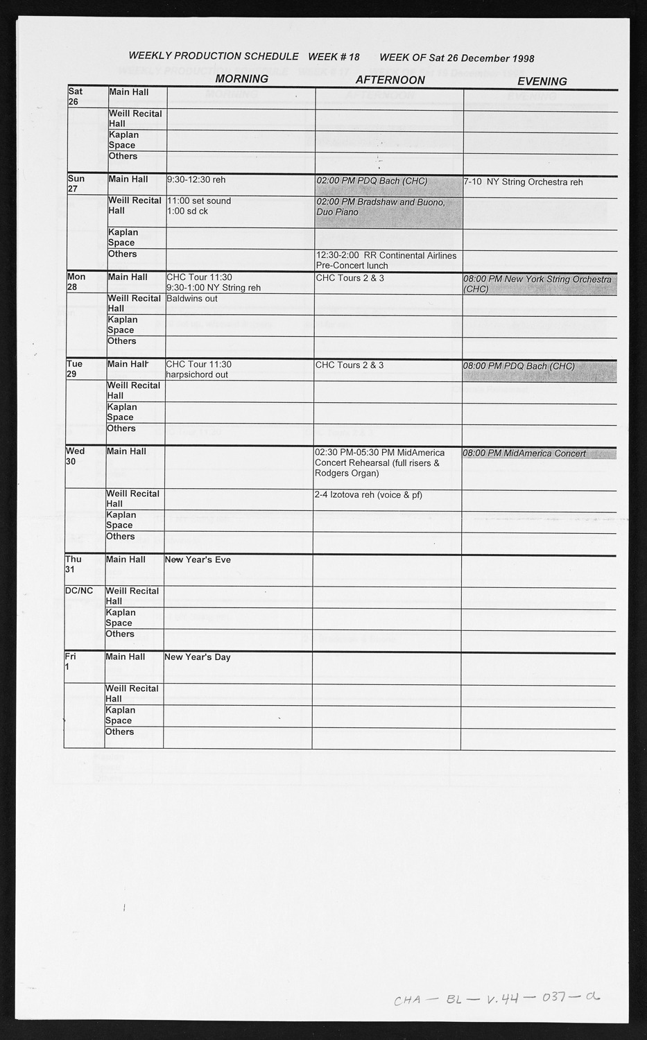 Carnegie Hall Booking Ledger, volume 44, page 37a