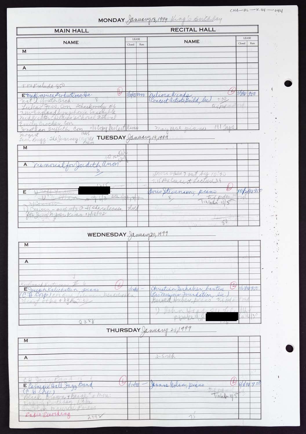 Carnegie Hall Booking Ledger, volume 44, page 44