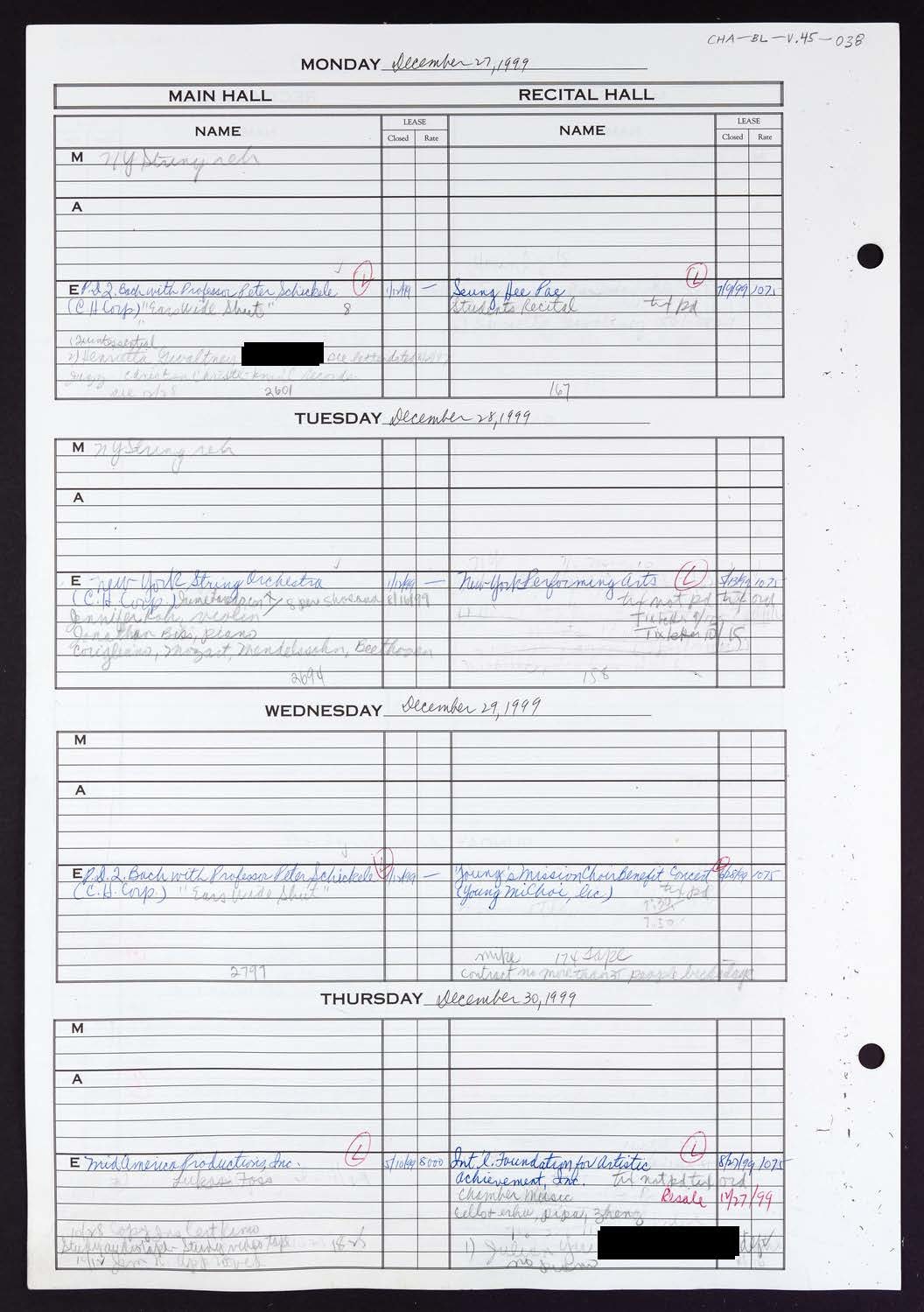 Carnegie Hall Booking Ledger, volume 45, page 38