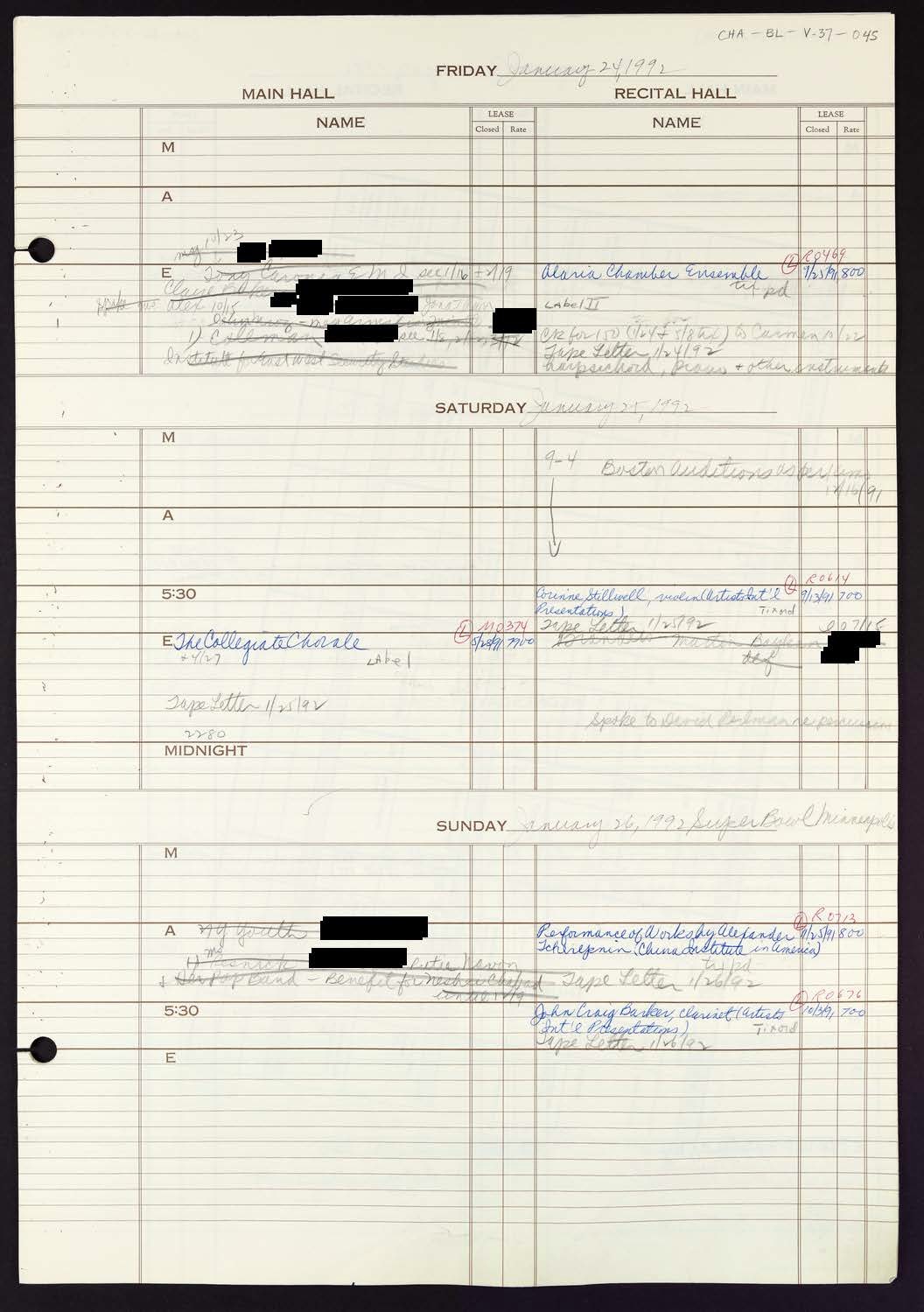 Carnegie Hall Booking Ledger, volume 37, page 45