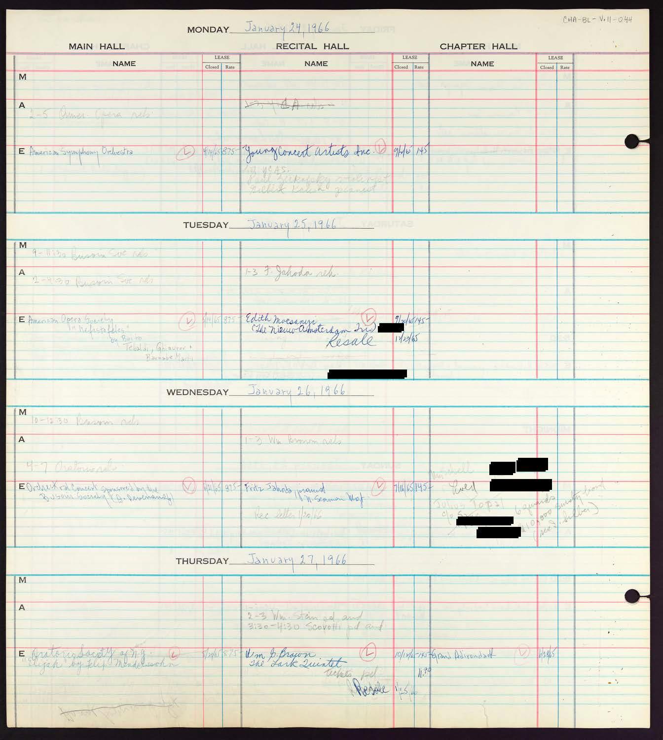 Carnegie Hall Booking Ledger, volume 11, page 44