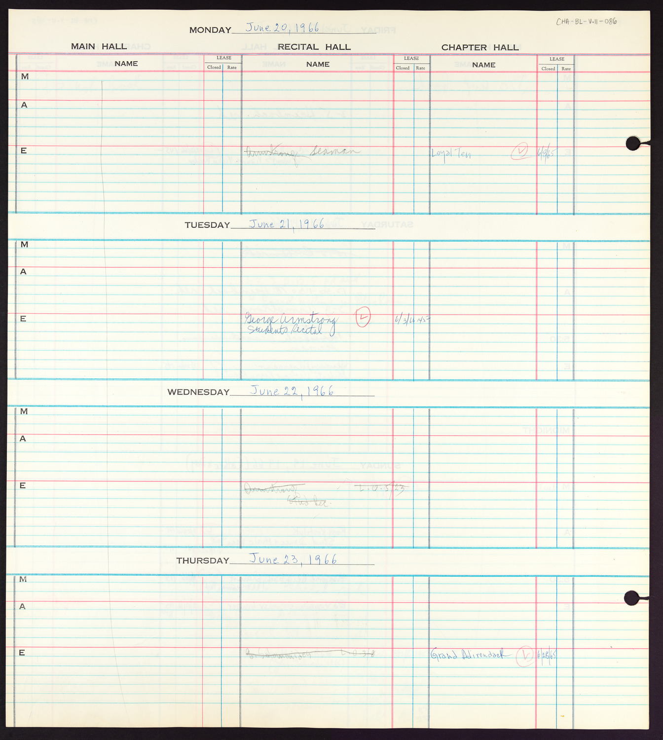 Carnegie Hall Booking Ledger, volume 11, page 86