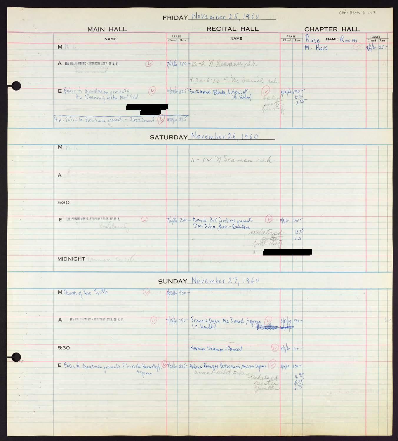 Carnegie Hall Booking Ledger, volume 6, page 17