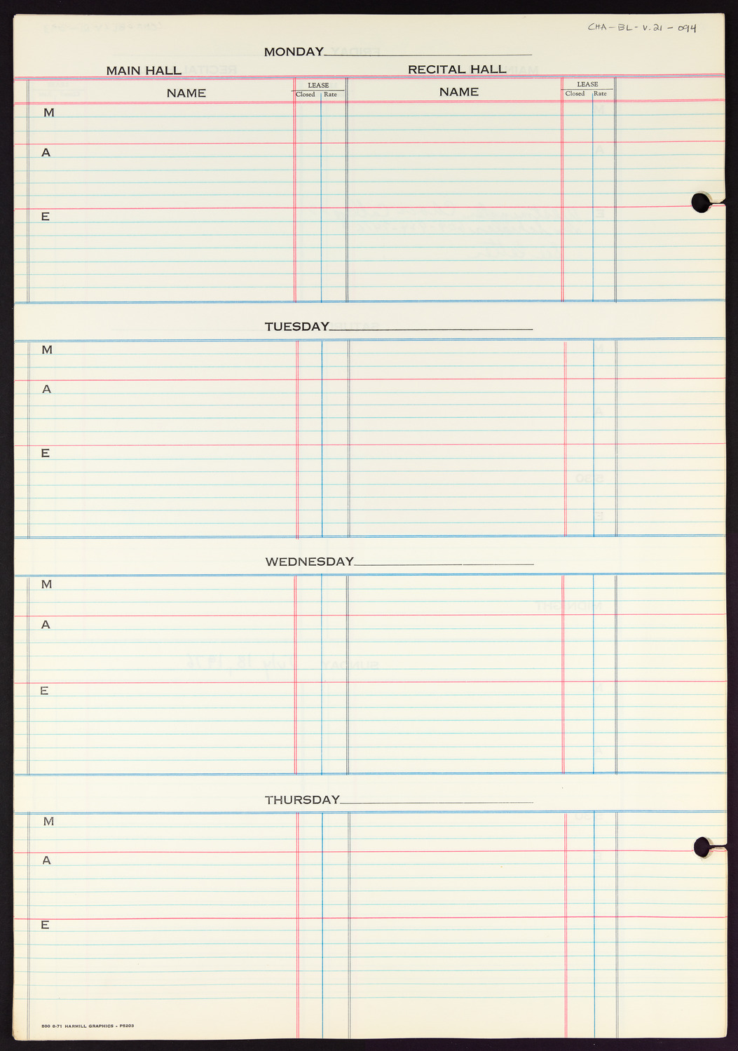 Carnegie Hall Booking Ledger, volume 21, page 94