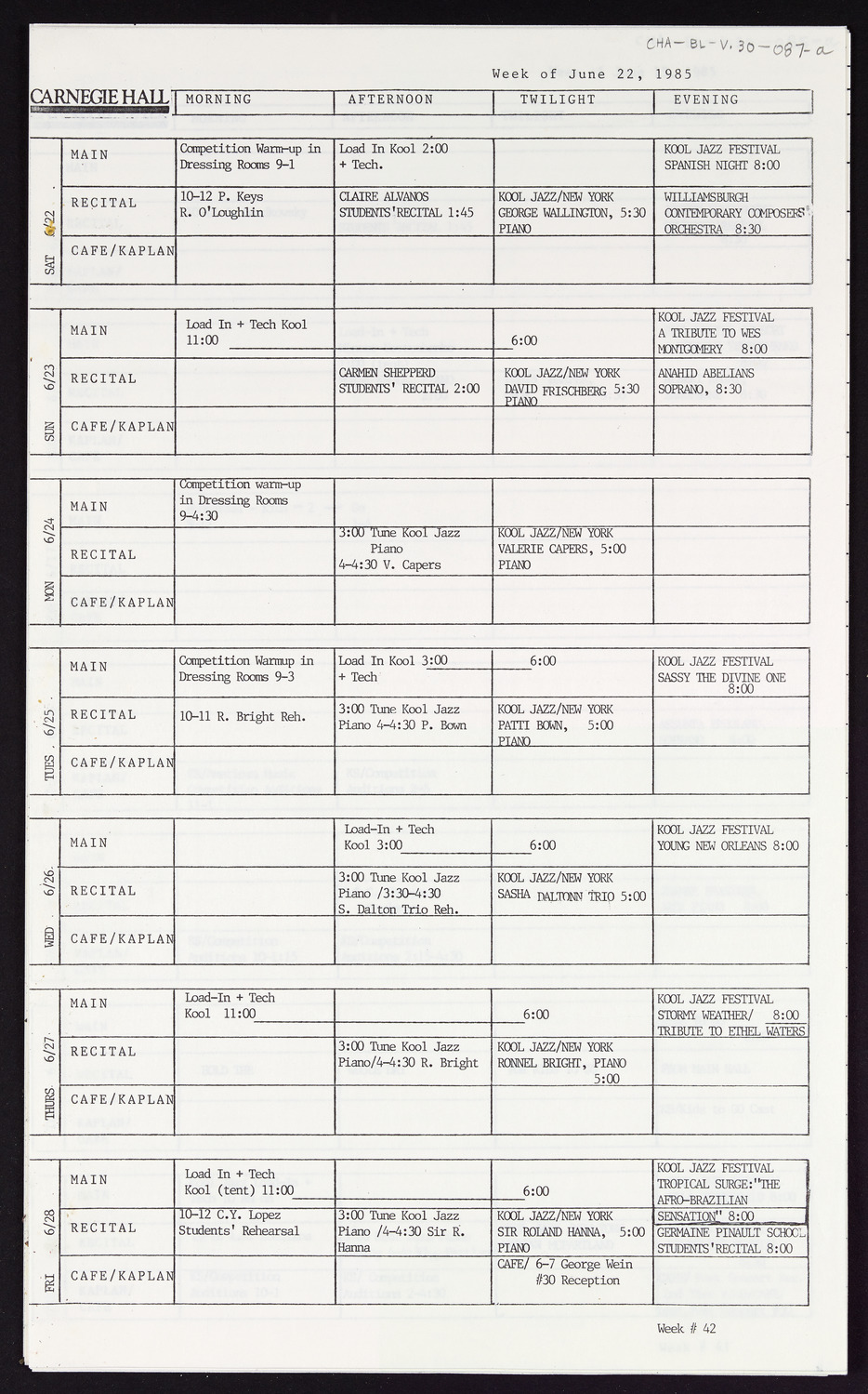 Carnegie Hall Booking Ledger, volume 30, page 87a