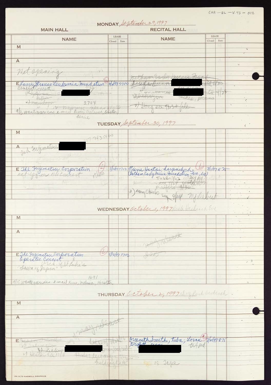 Carnegie Hall Booking Ledger, volume 43, page 12