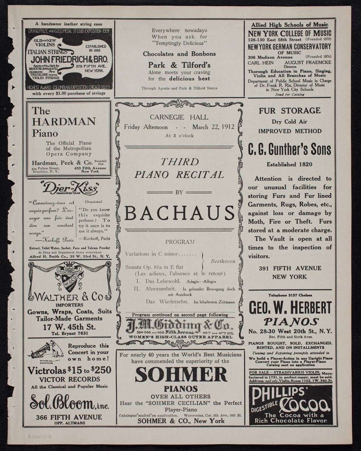 Wilhelm Backhaus, Piano, March 22, 1912, program page 5