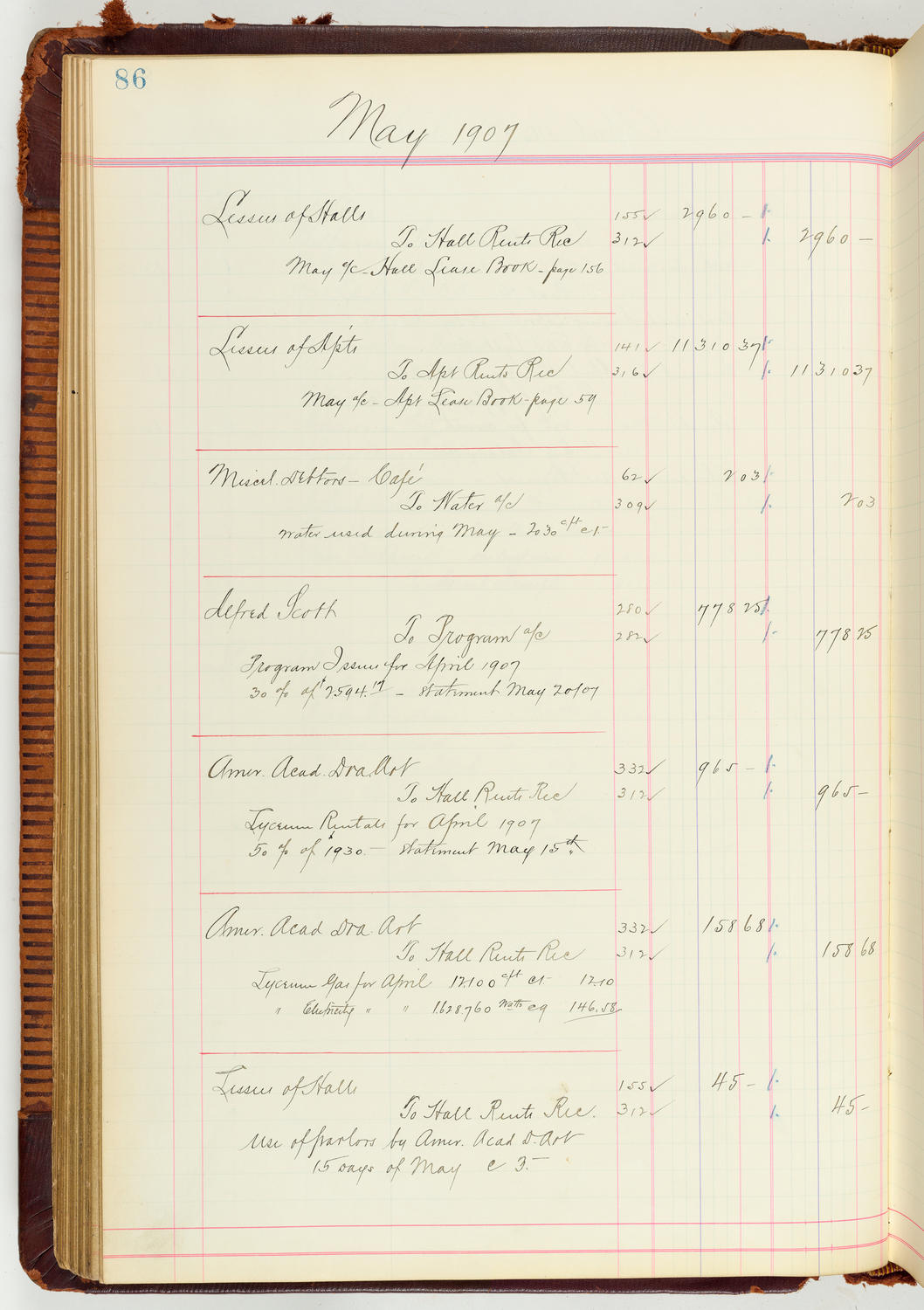 Music Hall Accounting Ledger Journal, volume 7, page 86