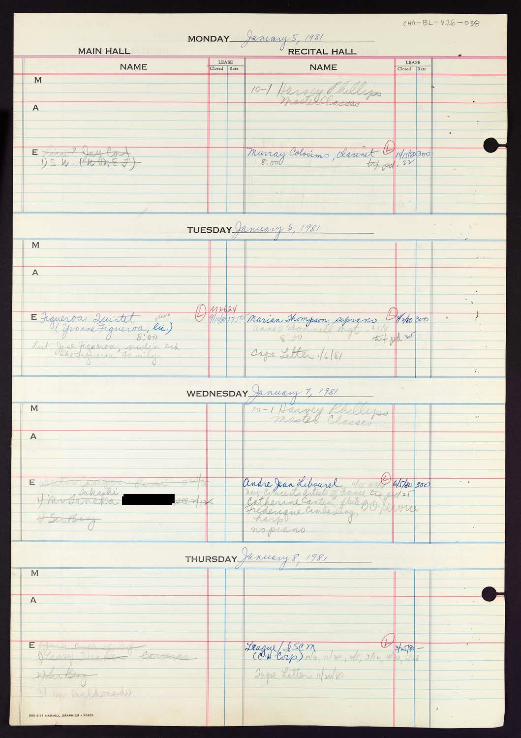 Carnegie Hall Booking Ledger, volume 26, page 38