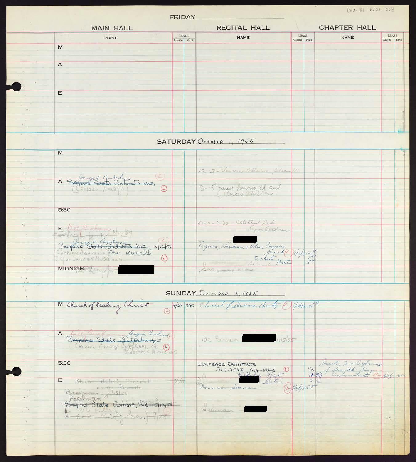 Carnegie Hall Booking Ledger, volume 1, page 3