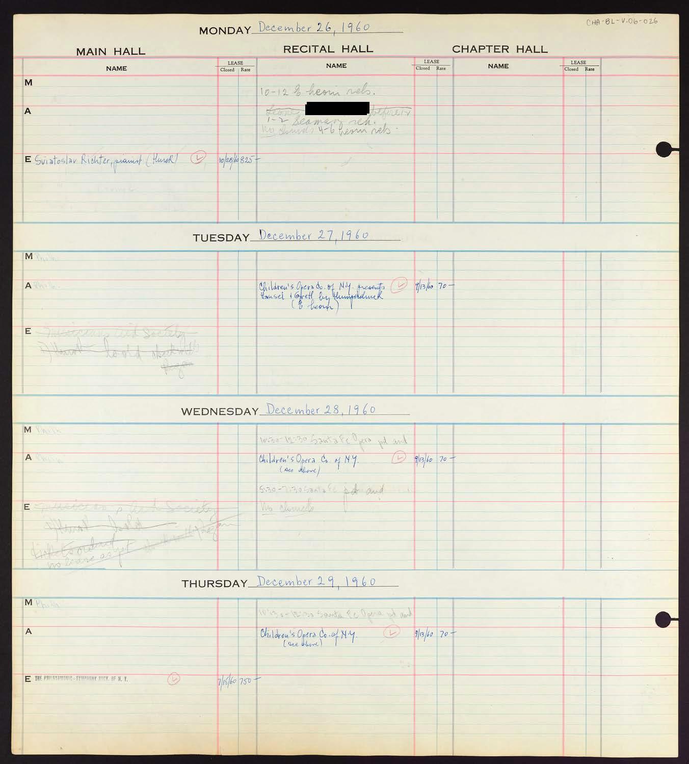 Carnegie Hall Booking Ledger, volume 6, page 26