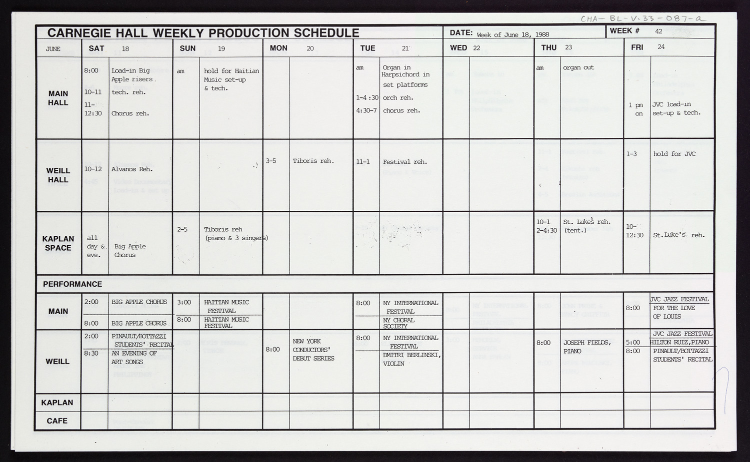 Carnegie Hall Booking Ledger, volume 33, page 87a