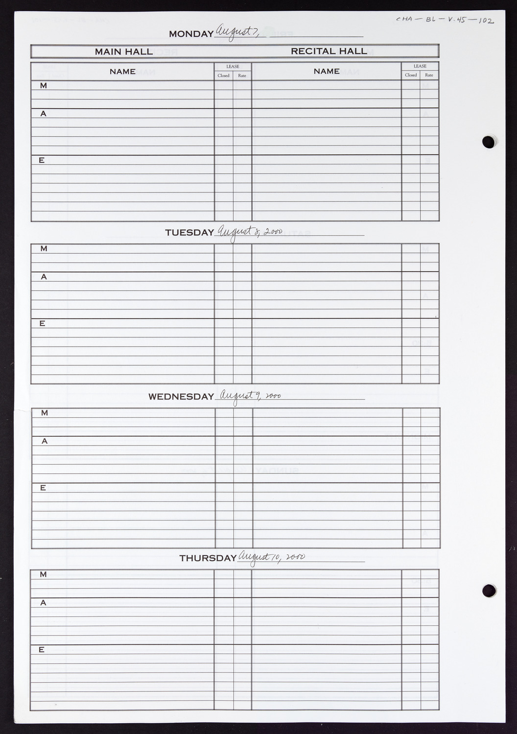 Carnegie Hall Booking Ledger, volume 45, page 102