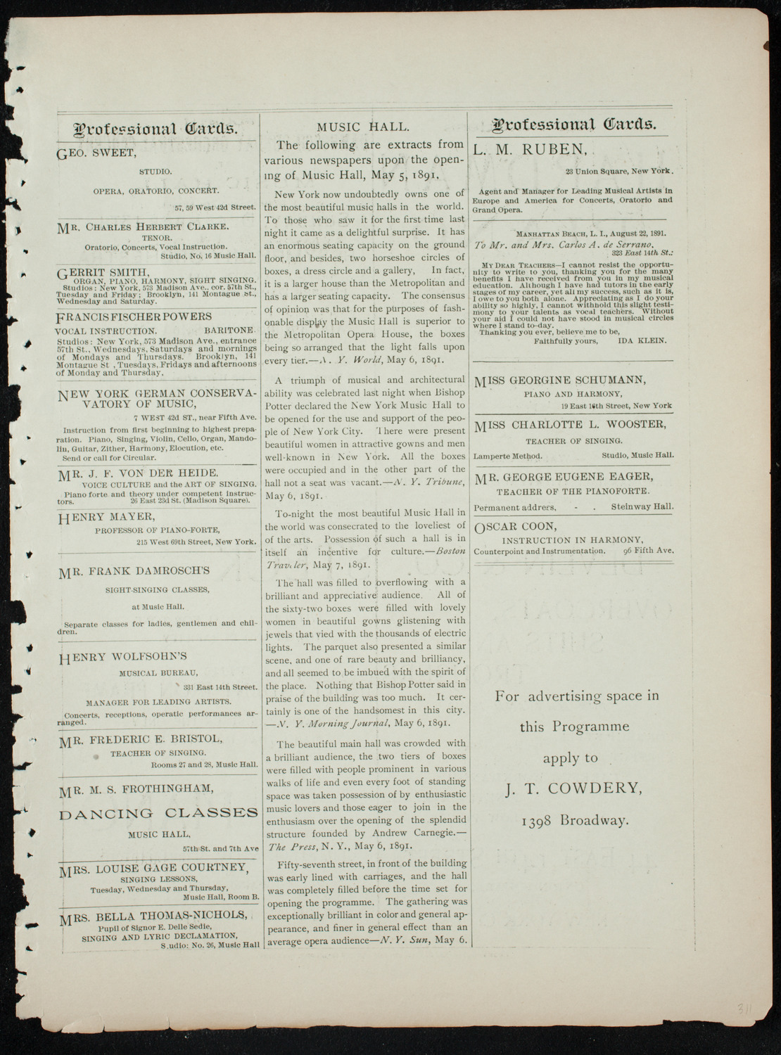 Damrosch Sunday Concert, December 6, 1891, program page 11