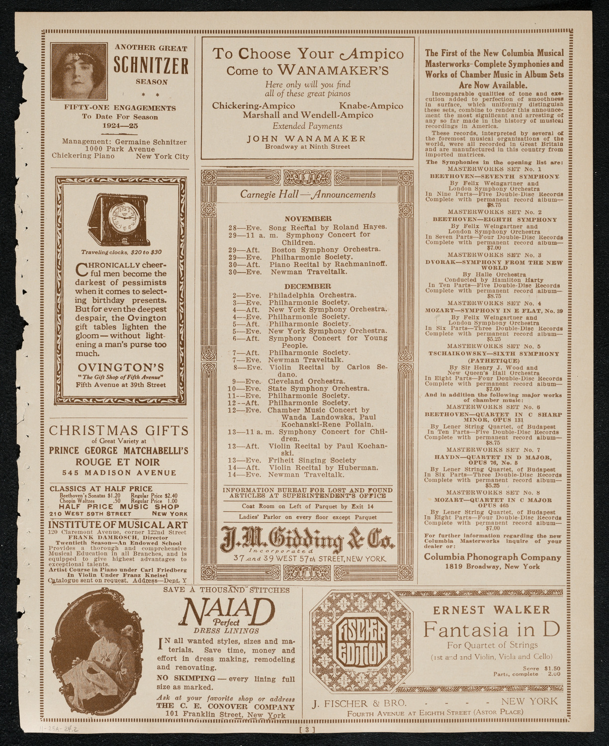 New York Philharmonic, November 28, 1924, program page 3