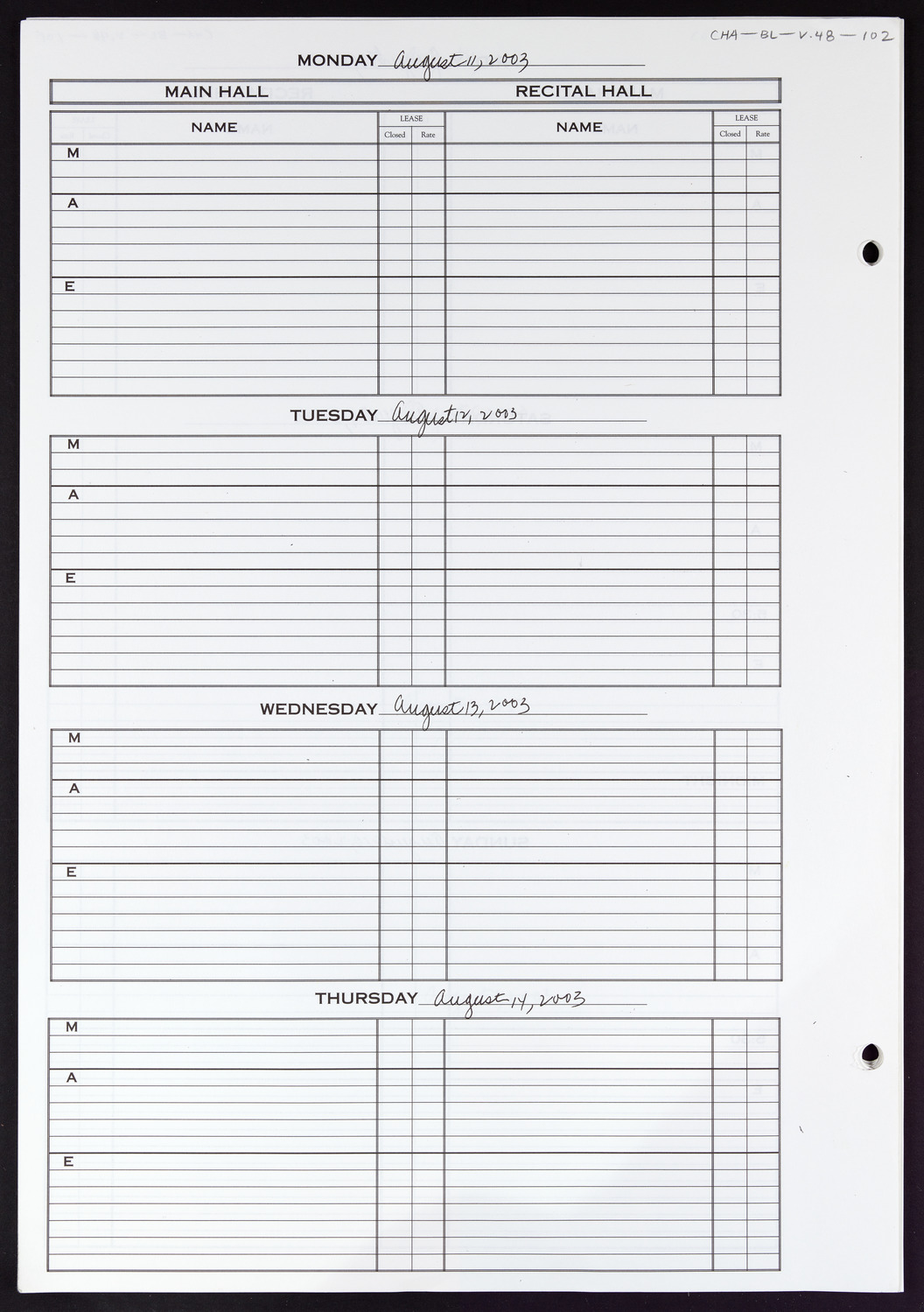 Carnegie Hall Booking Ledger, volume 48, page 102